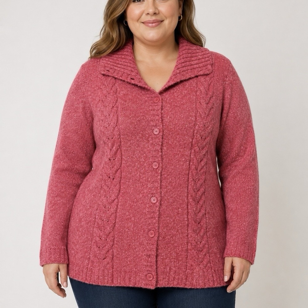 LL Bean Pink Cable Marled Collar Button Wool Blend Cardigan Sweater Womens 3X